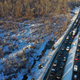 Cars backed up on a snow-covered highway